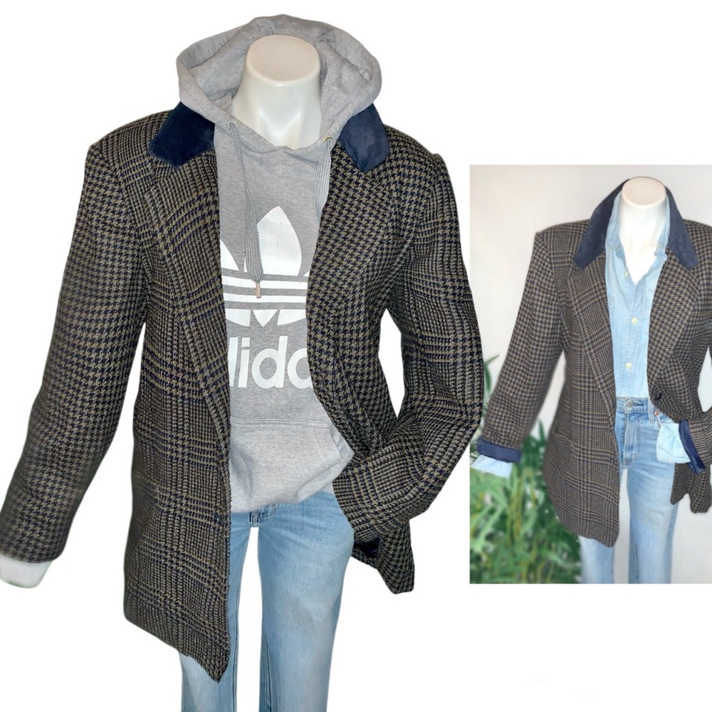 v i n t a g e :: Plaid Houndstooth Wool Leather Collar Blazer - Picture 2 of 13